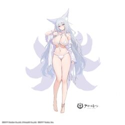 Rule 34 | 1girl, absurdres, animal ear fluff, animal ears, artist request, azur lane, bare shoulders, barefoot, bikini, blush, breasts, cleavage, commentary request, company connection, company name, copyright name, fox ears, fox girl, fox tail, full body, hand up, highres, large breasts, logo, long hair, long sleeves, looking at viewer, multiple tails, navel, off shoulder, official art, purple eyes, shinano (azur lane), shinano (dreamy white sands) (azur lane), simple background, standing, stomach, swimsuit, tail, thighs, toes, white background, white bikini