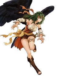 Rule 34 | 1girl, bare shoulders, belt, black wings, blue eyes, boots, breasts, cleavage, collarbone, cross-laced footwear, feathered wings, fire emblem, fire emblem: radiant dawn, fire emblem heroes, full body, green hair, halterneck, headband, highres, knee boots, lace-up boots, leg up, long hair, medium breasts, nintendo, o-ring, official art, parted lips, pirate, shorts, sleeveless, solo, thigh strap, toeless footwear, toes, transparent background, uroko (mnr), vika (fire emblem), wings