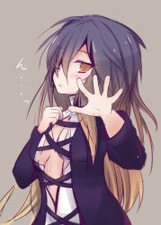 Rule 34 | 1girl, bad id, bad pixiv id, beni shake, black hair, breasts, brown eyes, brown hair, dress, gradient hair, grey background, hair over one eye, hijiri byakuren, layered dress, long hair, long sleeves, looking at viewer, multicolored hair, no bra, open clothes, open dress, outstretched arm, outstretched hand, simple background, small breasts, solo, touhou, very long hair, white dress