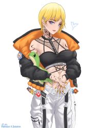 Rule 34 | 1girl, alternate costume, animification, apex legends, arm tattoo, artist name, bandeau, bangalore (apex legends), black bandeau, black jacket, blonde hair, blue eyes, breasts, bright pupils, hair behind ear, halterneck, heart, heart-shaped pupils, highres, jacket, lightning bolt symbol, looking at viewer, medium breasts, neck tattoo, nessie (respawn), orange nails, paid reward available, pants, pathfinder (apex legends), scar, scar on chest, short hair, smile, solo, streetwear, suspenders, symbol-shaped pupils, tattoo, wattson (apex legends), white pants, white pupils, zeistnn