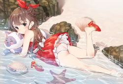 Rule 34 | 1girl, agnamore, animal, animal hug, ass, bad id, bad pixiv id, bare legs, bare shoulders, barefoot, beach, blush, bow, braid, braided bun, brown hair, closed mouth, commentary request, dog, dress, earrings, flower, hair bun, hair ribbon, heart, heart earrings, high heels, jewelry, korean commentary, leg up, long hair, looking at viewer, looking back, lying, on stomach, original, outdoors, panties, pantyshot, partially submerged, pleated dress, red dress, red flower, red ribbon, ribbon, sand, seashell, shallow water, shell, shoe dangle, shoes, single hair bun, single shoe, solo, starfish, underwear, very long hair, water, white bow, white panties