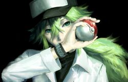 Rule 34 | 1boy, black background, black hat, creatures (company), game freak, green eyes, green hair, hair between eyes, hand up, hat, hatena (nazequestion), highres, holding, holding poke ball, long hair, long sleeves, looking at viewer, male focus, n (pokemon), nintendo, poke ball, pokemon, pokemon bw, portrait, shirt, simple background, solo, undershirt, white shirt