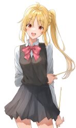 Rule 34 | 1girl, ahoge, arm behind back, black skirt, black sweater vest, blonde hair, bocchi the rock!, bow, collar, commentary, drumsticks, eyelashes, hair between eyes, happy, highres, holding, holding drumsticks, ijichi nijika, kanaria hisagi, light blush, long hair, looking at viewer, open mouth, pleated skirt, polka dot, polka dot bow, raised eyebrows, red bow, red eyes, round teeth, scrunchie, shirt, side ponytail, sidelocks, simple background, skirt, smile, solo, standing, sweater vest, teeth, upper teeth only, white background, white collar, white shirt, yellow scrunchie