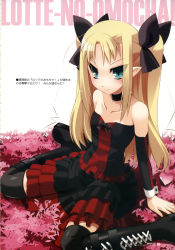 Rule 34 | 1girl, alternate costume, antenna hair, aqua eyes, astarotte ygvar, bare shoulders, black footwear, black thighhighs, blonde hair, boots, choker, copyright name, cross-laced footwear, demon tail, detached sleeves, dress, flat chest, highres, knee boots, lace-up boots, long hair, lotte no omocha!, non-web source, ohta yuichi, petals, pointy ears, scan, sitting, solo, tail, thigh boots, thighhighs, tsurime, twintails, wariza, wrist cuffs, zettai ryouiki