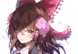 Rule 34 | 1girl, blush, bow, brown eyes, brown hair, chiroru (cheese-roll), flower, frilled bow, frilled shirt collar, frills, hair bow, hair flower, hair ornament, hair tubes, hakurei reimu, hibiscus, highres, lips, long hair, looking at viewer, pink flower, red bow, simple background, solo, touhou, white background