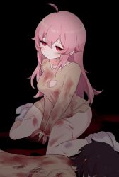 Rule 34 | 1boy, 1girl, ahoge, aliceyawnin, black background, blood, blood on clothes, blush, brown hair, bruise, closed mouth, cuts, empty eyes, ero guro, guro, injury, looking at viewer, naked shirt, original, pink hair, red eyes, self-harm, shirt, sitting, thick thighs, thighs
