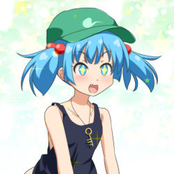 Rule 34 | + +, 1girl, :d, anime coloring, blue eyes, blue hair, cato (monocatienus), commentary request, eyelashes, fang, green hat, hair bobbles, hair ornament, hat, kawashiro nitori, key, open mouth, short hair, short twintails, smile, solo, sparkle, star (symbol), tank top, touhou, twintails, upper body