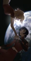 Rule 34 | 1boy, 1girl, athrun zala, blonde hair, blue hair, blurry, blurry background, breasts, brown eyes, cagalli yula athha, couple, dssa193478, floating, green eyes, gundam, gundam seed, hair between eyes, hetero, highres, holding hands, jewelry, medium breasts, military uniform, necklace, open mouth, parted bangs, short hair, short sleeves, smile, space, uniform, upper body