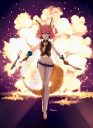 Rule 34 | 1girl, animal ears, artist name, belt, blue eyes, closers, detached collar, dual wielding, explosion, fingerless gloves, fox ears, fox tail, full body, gloves, holding, knife, looking to the side, midriff, millgua, navel, necktie, pants, pink hair, pinstripe pattern, seulbi lee, short hair, side ponytail, solo, tail, vest