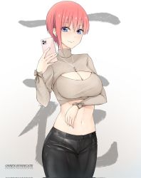 Rule 34 | 1girl, arm under breasts, artist name, asymmetrical hair, black pants, blue eyes, breasts, cellphone, cleavage cutout, closed mouth, clothing cutout, cowboy shot, crop top, go-toubun no hanayome, gs (onsen syndicate), hand up, highres, holding, holding phone, jewelry, large breasts, looking at viewer, midriff, nakano ichika, navel, necklace, pants, phone, pink hair, selfie, short hair, simple background, smartphone, smile, solo, stomach, turtleneck, white background