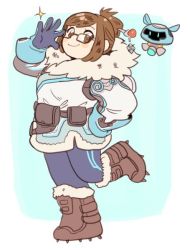 Rule 34 | 1girl, adjusting eyewear, bad id, bad twitter id, beads, belt, belt pouch, bird, black-framed eyewear, blue legwear, blush, blush stickers, boots, brown eyes, brown hair, canteen, coat, drone, eyebrows, floating, full body, fur-trimmed boots, fur-trimmed jacket, fur boots, fur coat, fur trim, glasses, gloves, hair bun, hair ornament, hair stick, hand on eyewear, hand on own hip, hand up, jacket, jocheong, looking at viewer, machinery, mei (overwatch), overwatch, overwatch 1, parka, pouch, robot, shoes, short hair, sidelocks, single hair bun, smile, snowball (overwatch), solo, sparkle, spiked shoes, spikes, standing, standing on one leg, winter clothes, winter coat