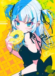 Rule 34 | 1girl, absurdres, barbell piercing, bare shoulders, black dress, black ribbon, blue eyes, blue hair, blue nails, blunt bangs, blush stickers, bracelet, dress, ear piercing, eating, fish hair ornament, food, fruit, gawr gura, hair ornament, hair ribbon, highres, hololive, hololive english, ichijo rei, jewelry, kanji hair ornament, light blue hair, long hair, looking at viewer, looking back, multicolored hair, nail polish, off-shoulder dress, off shoulder, piercing, pineapple, pineapple slice, ribbon, solo, sparkling eyes, streaked hair, two side up, virtual youtuber, yellow background