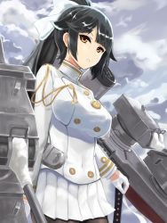 Rule 34 | 1girl, azur lane, bad id, bad pixiv id, black hair, bow, breasts, brown eyes, commentary request, gloves, hair bow, highres, large breasts, long hair, looking at viewer, military, military uniform, miniskirt, miyako (miyako lplover), pantyhose, pleated skirt, ponytail, skirt, solo, takao (azur lane), turret, uniform, very long hair, white gloves, white skirt