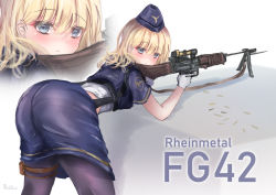 Rule 34 | 1girl, absurdres, ass, automatic rifle, battle rifle, black pantyhose, blonde hair, blue eyes, blue hat, blue jacket, blue skirt, blush, cartridge, character name, closed mouth, fg42 (girls&#039; frontline), fg 42, girls&#039; frontline, gloves, gun, hat, highres, holding, holding weapon, jacket, leaning forward, long hair, looking at viewer, machine gun, martinreaction, military, military hat, military uniform, pantyhose, rifle, rifle cartridge, scope, simple background, skirt, solo, uniform, weapon, white gloves
