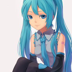 Rule 34 | 1girl, aqua eyes, aqua hair, bad id, bad pixiv id, bare shoulders, detached sleeves, fkey, hatsune miku, looking at viewer, necktie, pantyhose, sitting, solo, twintails, vocaloid, white background