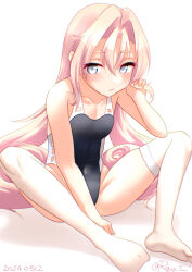 Rule 34 | 1girl, black one-piece swimsuit, blush, breasts, collarbone, drum (kancolle), grey eyes, hair rings, kantai collection, long hair, one-piece swimsuit, pink hair, ray.s, sitting, small breasts, solo, spread legs, swimsuit, thighhighs, very long hair