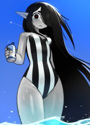Rule 34 | 1girl, absurdres, aircraft, airplane, black hair, breasts, can, colored skin, grey skin, gris (vertigris), hair over eyes, highres, holding, holding can, justadrian (yoadriandk), licorice (justadrian), long hair, ocean, one-piece swimsuit, original, pointy ears, red pupils, small breasts, striped clothes, striped one-piece swimsuit, swimsuit, thick eyebrows, thighs, vampire, very long hair