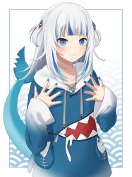 Rule 34 | 1girl, blue eyes, blue hair, blue nails, blunt bangs, border, commentary, deku suke, fins, fish tail, gawr gura, highres, hololive, hololive english, long hair, long sleeves, looking at viewer, multicolored hair, nail polish, shark tail, simple background, smile, solo, streaked hair, tail, two-tone hair, two side up, upper body, virtual youtuber, white hair, wide sleeves