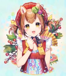 Rule 34 | 1girl, 2018, :3, :d, animal ears, aqua background, arm at side, blush, bow, bowtie, brown eyes, brown hair, commentary request, cropped torso, dog ears, eye reflection, flower, folding fan, green flower, hand fan, hand up, happy new year, head tilt, looking at viewer, momoshiki tsubaki, nengajou, new year, open mouth, original, paw print, print bow, print bowtie, print neckwear, red shirt, reflection, shirt, sleeveless, sleeveless shirt, smile, solo, thick eyebrows, when you see it, wristband, yellow bow, yellow bowtie