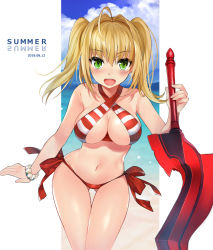Rule 34 | 1girl, aestus estus, ahoge, bad id, bad pixiv id, beach, bikini, blush, breasts, cleavage, collarbone, cowboy shot, criss-cross halter, dated, day, fate/grand order, fate (series), gluteal fold, hair between eyes, hair intakes, halterneck, holding, holding sword, holding weapon, komazuki (komaworks240), large breasts, long hair, looking at viewer, navel, nero claudius (fate), nero claudius (fate) (all), nero claudius (swimsuit caster) (fate), ocean, open mouth, outdoors, red bikini, scrunchie, side-tie bikini bottom, sidelocks, smile, solo, striped bikini, striped clothes, swimsuit, sword, teeth, thighs, twintails, weapon, white bikini, wrist scrunchie