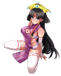 Rule 34 | 10s, 1girl, black hair, breasts, bridal gauntlets, cleavage, cleavage cutout, clothing cutout, cross ange, forehead jewel, hevn, hime cut, large breasts, long hair, looking at viewer, ribbon-trimmed legwear, ribbon-trimmed sleeves, ribbon trim, sala (cross ange), salamandinay, smile, solo, thighhighs