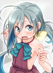 Rule 34 | 10s, 1girl, adapted costume, ahoge, bare arms, bare shoulders, blue eyes, blush, bow, bowtie, dress, from above, hair between eyes, hands up, kantai collection, kiyoshimo (kancolle), long hair, looking at viewer, no shirt, open mouth, pleated dress, unworn shirt, silver hair, simple background, sleeveless, sleeveless dress, solo, tamanoi peromekuri, very long hair
