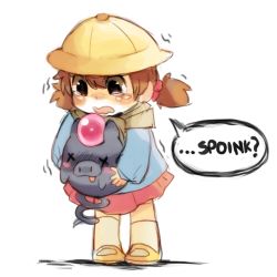 Rule 34 | 1girl, bad id, bad tumblr id, black eyes, blue shirt, blush, blush stickers, brown hair, brown neckerchief, child, creatures (company), death, english text, female focus, full body, game freak, gen 3 pokemon, hair bobbles, hair ornament, hat, holding, holding pokemon, kneehighs, long sleeves, lowres, miniskirt, neckerchief, nintendo, open mouth, pink gemstone, pink skirt, pokemon, pokemon (creature), pokemon bw, preschooler (pokemon), sad, shirt, shoes, short hair, simple background, sketch, skirt, socks, speech bubble, spoink, standing, suikuzu, talking, tears, tongue, tongue out, trembling, twintails, wavy mouth, white background, white socks, x x, yellow footwear, yellow headwear