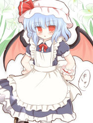 Rule 34 | 1girl, bat wings, blue hair, bow, female focus, flower, hat, hat ribbon, maid, plant, red eyes, remilia scarlet, ribbon, ry (yagoyago), short hair, solo, touhou, white background, wings