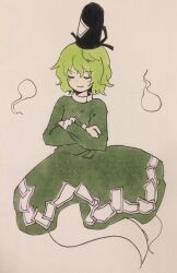Rule 34 | 1girl, black headwear, closed eyes, closed mouth, commentary request, cross-laced clothes, crossed arms, dress, flat chest, frilled dress, frills, ghost tail, green dress, green hair, hat, highres, hitodama, kaigen 1025, long sleeves, marker (medium), ofuda, ofuda on clothes, short hair, simple background, smile, soga no tojiko, tate eboshi, touhou, traditional media, white background