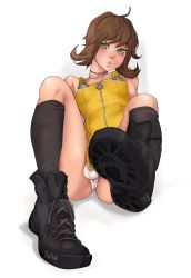 Rule 34 | 1990s (style), 1boy, androgynous, ass, brown hair, bulge, crossdressing, final fantasy, final fantasy viii, gender request, genderswap, green eyes, highres, male focus, retro artstyle, selphie tilmitt, shoes, simple background, solo, square enix, testicles, toxxy, trap, underwear, zipper