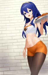 Rule 34 | 1girl, abs, absurdres, bare shoulders, blue eyes, blue hair, brick wall, chicken (food), chicken wing, commission, commissioner upload, crop top, dhokidoki, fire emblem, fire emblem awakening, food, hair between eyes, highres, holding, holding plate, hooters, long hair, lucina (fire emblem), mismatched pupils, navel, nintendo, non-web source, open mouth, orange shorts, pantyhose, pantyhose under shorts, plate, short shorts, shorts, solo, tiara, toned, upper body