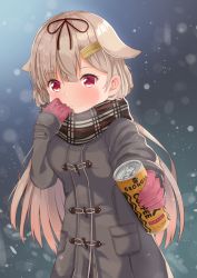 Rule 34 | 1girl, :3, adjusting scarf, akino ell, alternate costume, backlighting, black coat, black scarf, blonde hair, blush, brand name imitation, can, canned coffee, closed mouth, coat, drink can, duffel coat, enpera, foreshortening, gloves, hair flaps, hair ribbon, hand to own mouth, hand up, highres, kantai collection, light particles, long hair, long sleeves, looking at viewer, outstretched arm, pink gloves, pocket, pov, red eyes, red ribbon, ribbon, scarf, smile, snowing, soda can, solo, straight hair, tareme, upper body, winter clothes, winter coat, yuudachi (kancolle), yuudachi kai ni (kancolle)
