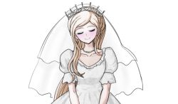 Rule 34 | 1girl, alternate costume, alternate hairstyle, blonde hair, blush, breasts, bridal veil, bride, cleavage, collarbone, crown, danganronpa (series), danganronpa 2: goodbye despair, dress, closed eyes, jewelry, long hair, lowres, necklace, pearl necklace, princess, short sleeves, smile, sonia nevermind, strapless, strapless dress, transparent background, upper body, veil, very long hair, wedding dress, white dress