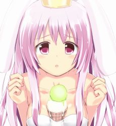 Rule 34 | 1girl, animal ears, bare shoulders, between breasts, blush, breasts, food, ice cream, ice cream cone, long hair, looking at viewer, naka (cheeseyeast), purple eyes, purple hair, rabbit ears, simple background, solo, white background
