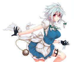 Rule 34 | 1girl, black gloves, bow, braid, breasts, female focus, fuya (tempupupu), gloves, green bow, hair bow, holster, izayoi sakuya, knife, large breasts, looking at viewer, maid, maid headdress, pocket watch, puffy short sleeves, puffy sleeves, red eyes, short hair, short sleeves, silver hair, simple background, solo, thigh holster, touhou, twin braids, watch, white background
