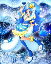 Rule 34 | animal ears, blue eyes, blue footwear, blue gloves, blue hair, blue theme, crown, cure gelato, cure gelato (a la mode style), full body, fur-trimmed gloves, fur trim, gloves, highres, kirakira precure a la mode, lion ears, lion tail, long hair, magical girl, official art, open mouth, precure, precure connection puzzlun, single leg pantyhose, smile, tail, tategami aoi, third-party source, wide ponytail