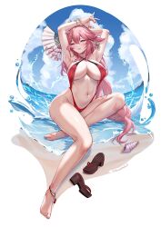 Rule 34 | 1girl, alternate costume, animal ears, armpits, arms behind head, arms up, bare shoulders, barefoot, blush, breasts, brown footwear, cleavage, criss-cross halter, feet, folding fan, fox ears, full body, genshin impact, hair ornament, halterneck, hand fan, highres, large breasts, legs, long hair, looking at viewer, nail polish, navel, one-piece swimsuit, pink hair, presenting armpit, purple eyes, red one-piece swimsuit, sandals, unworn sandals, sideboob, slingshot swimsuit, smile, solo, stomach, swimsuit, tinnies, toenail polish, toenails, toes, underboob, yae miko