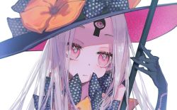 Rule 34 | 1girl, abigail williams (fate), abigail williams (third ascension) (fate), black gloves, bow, close-up, expressionless, fate/grand order, fate (series), gloves, hat, hat bow, highres, keyhole, long hair, multiple hat bows, orange bow, ota (ota-0000), pale skin, parted bangs, pink eyes, print bow, simple background, star (symbol), star print, third eye, two-tone headwear, white background, white hair, witch hat