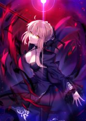 1girl absurdres artoria_pendragon_(all) artoria_pendragon_(fate) black_dress black_ribbon blonde_hair braid breasts cleavage dress excalibur_morgan_(fate) fate/stay_night fate_(series) fuyuki_(neigedhiver) hair_bun hair_ribbon highres juliet_sleeves long_hair long_sleeves looking_at_viewer medium_breasts puffy_sleeves ribbon saber_alter saber_alter_(third_ascension) sidelocks solo sword weapon yellow_eyes