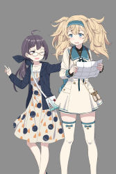 Rule 34 | 2girls, absurdres, ahoge, bad id, bad pixiv id, bag, binoculars, black hair, black hoodie, blonde hair, blue eyes, blush, chain, cnm, dress, fujinami (kancolle), gambier bay (kancolle), glasses, hair ribbon, hairband, handbag, highres, holding, holding map, hood, hoodie, kantai collection, long hair, long sleeves, looking at another, map, multiple girls, one eye closed, open clothes, open hoodie, open mouth, pointing, ribbon, sailor dress, shorts, side ponytail, smile, standing, thighhighs, twintails, wavy mouth, white legwear, yellow eyes, zettai ryouiki