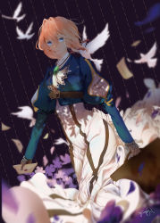 Rule 34 | 1girl, blonde hair, blue eyes, blue jacket, brooch, dress, envelope, flower, from side, hair between eyes, hair intakes, hair ribbon, highres, holding, holding envelope, holding letter, holding suitcase, jacket, jewelry, jiegeng, letter, long hair, long sleeves, looking at viewer, mechanical, mechanical arms, puffy long sleeves, puffy sleeves, purple flower, red ribbon, ribbon, signature, skirt, solo, suitcase, violet evergarden, violet evergarden (series), white neckwear