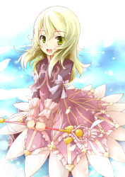 Rule 34 | 1girl, altivr, blonde hair, bow, dress, elize lutus, frills, green eyes, highres, kanzaki sora, light particles, long hair, md5 mismatch, ribbon, smile, solo, sparkle, tales of (series), tales of xillia, wand