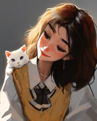 Rule 34 | 1girl, animal, animal on shoulder, brown hair, cat, freckles, highres, jewelry, long sleeves, looking at animal, necklace, sam yang, smile, solo, white cat