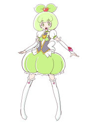 Rule 34 | 10s, 1girl, :d, alternate costume, alternate universe, arm warmers, bakusai, boots, bow, brooch, bubble skirt, choker, full body, green eyes, green hair, green skirt, hair bow, happinesscharge precure!, heart, heart brooch, jewelry, light persona, magical girl, matching hair/eyes, open mouth, precure, puffy sleeves, queen mirage, short hair, skirt, smile, solo, standing, thigh boots, thighhighs, white background, white thighhighs