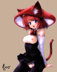 Rule 34 | 1girl, animal ears, blue eyes, breastless clothes, breasts, fang, hat, isotonix, nipples, nixinamo:lens, panties, pantyshot, red hair, revision, solo, striped clothes, striped panties, tail, thighhighs, underwear, upskirt