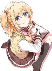 Rule 34 | 1girl, blonde hair, bow, bowtie, comic girls, doughnut, drawing tablet, eating, food, food on face, hair ribbon, highres, holding, holding doughnut, holding food, holding stylus, koizuka koyume, licking lips, long sleeves, looking at viewer, looking to the side, no shoes, nyoijizai, pink bow, pink bowtie, pleated skirt, purple eyes, red ribbon, ribbon, school uniform, shirt, sitting, skirt, solo, stylus, sweater vest, tongue, tongue out, wariza, white shirt, yellow sweater vest