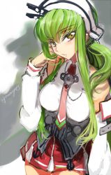 Rule 34 | 1girl, breasts, c.c., code geass, cosplay, creayus, detached sleeves, female focus, gradient background, green hair, hat, kantai collection, large breasts, littorio (kancolle), littorio (kancolle) (cosplay), looking at viewer, miniskirt, necktie, skirt, solo, twitter username, yellow eyes