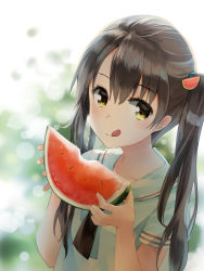 Rule 34 | 1girl, :q, black hair, blurry, blurry background, closed mouth, collarbone, commentary request, depth of field, food, food-themed hair ornament, fruit, hair between eyes, hair ornament, hands up, highres, holding, holding food, long hair, looking at viewer, naruse chisato, original, sailor collar, school uniform, serafuku, shirt, short sleeves, smile, solo, summer, tongue, tongue out, twintails, upper body, watermelon, watermelon hair ornament, watermelon slice, white sailor collar, white shirt, yellow eyes