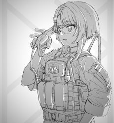 Rule 34 | 1girl, aizawa kazuha, ammunition pouch, arm at side, assault lily, asymmetrical hair, commentary, english commentary, gloves, gradient background, grey background, greyscale, hair ornament, hairclip, hand up, highres, holding, jacket, load bearing vest, looking away, mixed-language commentary, monochrome, parted lips, petag2, pouch, radio, safety glasses, short hair, short sleeves, solo, standing, tactical clothes, upper body, white background