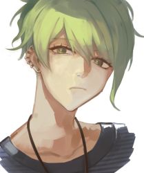 Rule 34 | 1boy, amami rantaro, closed mouth, collarbone, commentary, cropped shoulders, danganronpa (series), danganronpa v3: killing harmony, ear piercing, earrings, english commentary, green eyes, green hair, hair between eyes, jewelry, laaaicha, looking at viewer, male focus, necklace, piercing, portrait, shirt, short hair, simple background, solo, striped clothes, striped shirt, white background